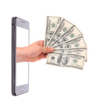 Hand with fan of hundred-dollar bills protrudes from phone. White background.