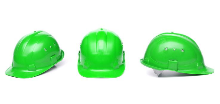 Three identical green hard hat. White background.