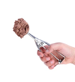 Hand holds scoop with chocolate ice cream. White background.
