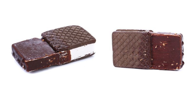 Ice cream sandwich covered chocolate. White background.