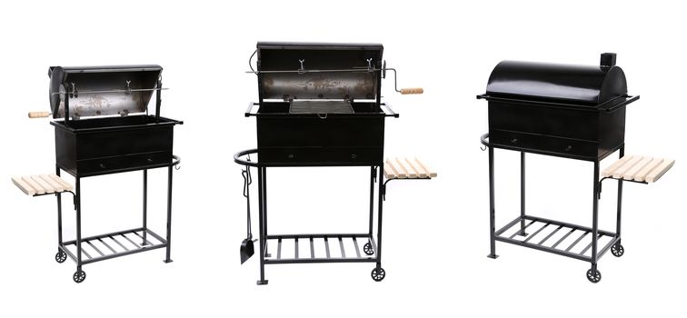 Collage of new black barbecue. White background.