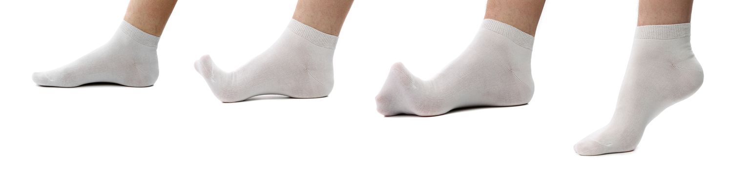 Collage feet in white socks. White background.