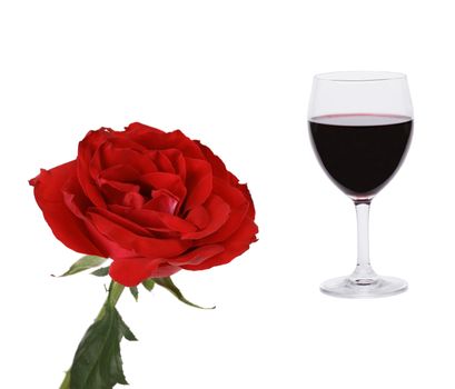Red collage. Rose and glass of wine. White background.