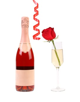 Red collage. Bootle of champagne and glass with rose. White background.