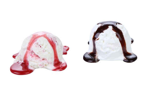 Collage of ice cream with red and chocolate syrop. White background.