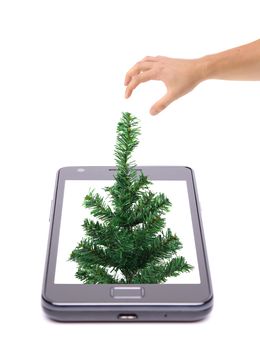 Christmas tree grows from phone. White background.