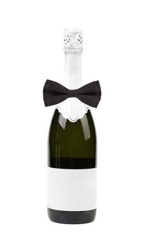 Black bow tie on bottle of champagne. White background.
