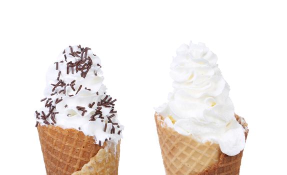 Ice cream with and without sprinkles chocolate. White background.