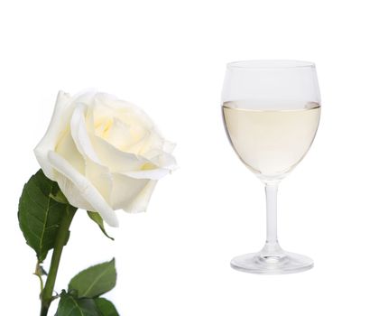 White collage. Rose and glass of wine. White background.