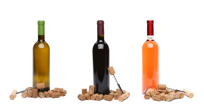 Collage corks and corkscrew with bottle of wine. White background.