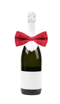 Bottle of champagne and red bow tie. White background.