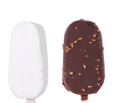 Chocolate-coated block and don't of ice cream on stick. White background.