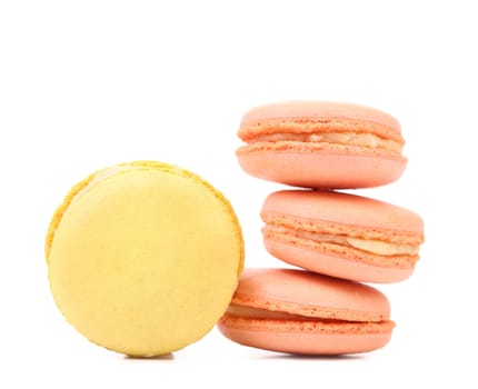 Four various macaron cakes. Close up. White background.