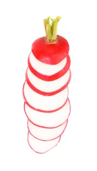 Lined radish slices on a white background