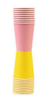 Colorful paper coffee cup. Closen up. Isolated.