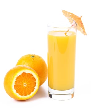 Orange juice and two oranges isolated on white
