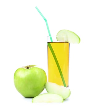 Green apple with juice on a white