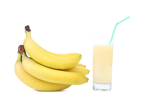 Bunch bananas and juice. Close up.  White background.