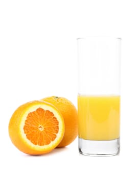 Half of juice glass and orange fruit isolated on white background