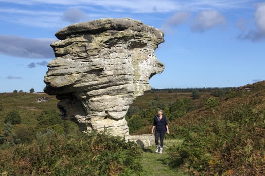 One of the weathered sandstone formations at Bridestones in a moorland part of Dalby Forest in North Yorkshire in the United Kingdom.