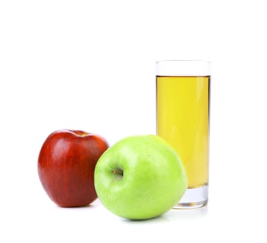 Red and green apples with juice isolated on white