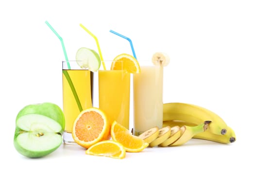 Orange apple and banana juice. White background.