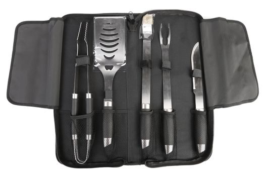 Set of tools for bbq in black bag. Isolated