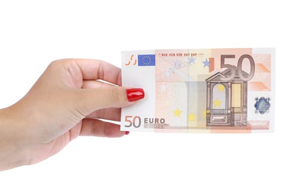 Woman hand holds fifty euro banknote isolated on white with selective focus