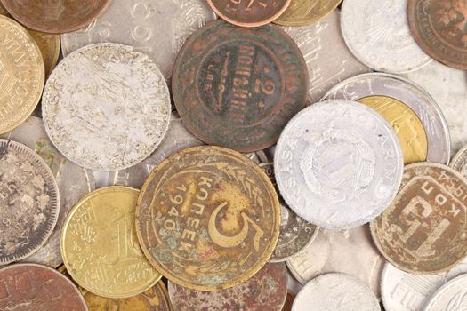 Background of old coins. Close up. Whole background.