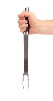 Big fork in a hand on a white background