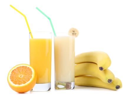 Juices of orange and banana. Fruits. White background.