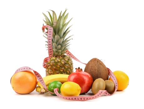 Tape measure and fruit composition. White background.