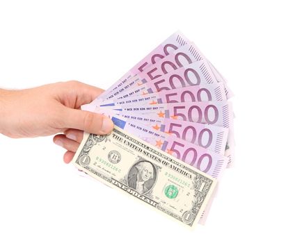 Hand with euros and dollars on a white