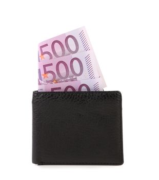 Black wallet with euros banknotes. Close up