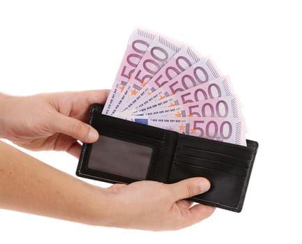 Close-up of five-hundredth euro banknotes in black leather