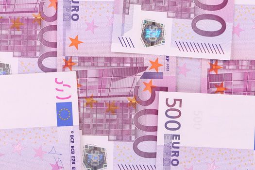 500 euro banknotes background. Close up. Isolated