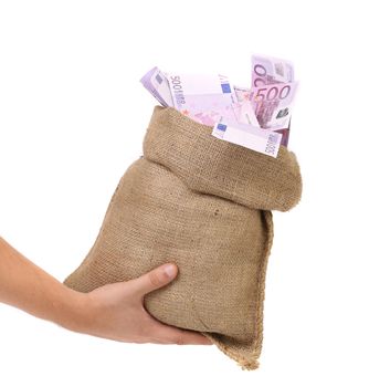 Hand holding bag with many euro banknotes