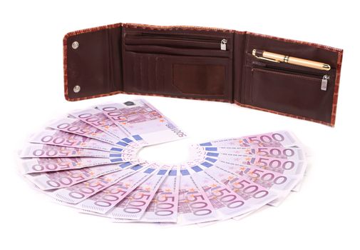 Open walet and five-hundredth euro banknotes. Isolated on a white background.