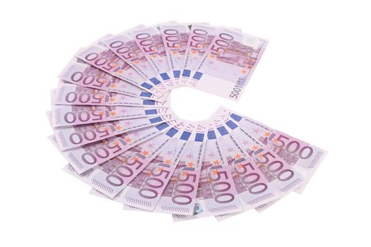 Several 500 euro banknotes isolated on a white