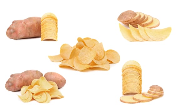 Collage of potaroes and chips. White background.