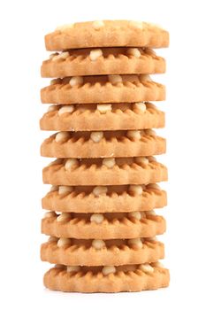 Stack of heart shaped strawberry biscuit. On a white