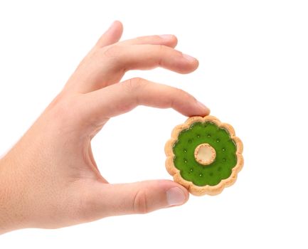 Hand holds biscuit with kiwi jam. White background.