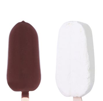 Chocolate and vanilla ice cream. White background.