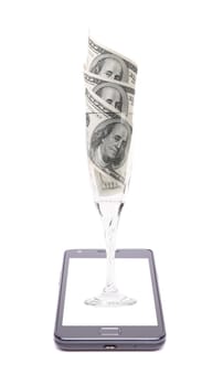 Dollars bills in glass on phone. White background.