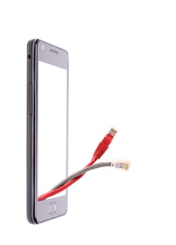 Wire to connect the Internet out of phone. White background.