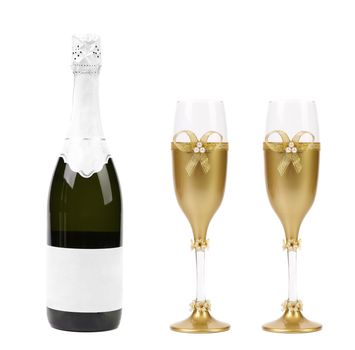 Wedding golden glass wuth bow and champagne. White background.