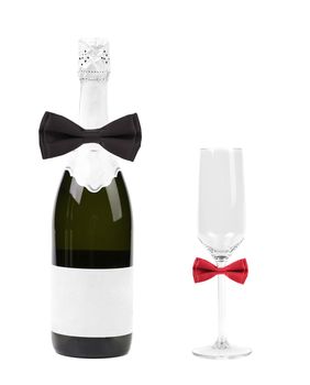 Champagne bottle and glass decorated with bows. White background.