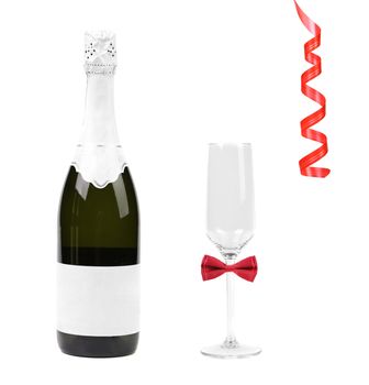 Glass with red bow tie and bottle of champagne.  White background.
