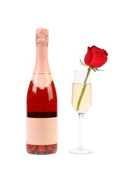 Bottle of champagne and glass with rose. White background.