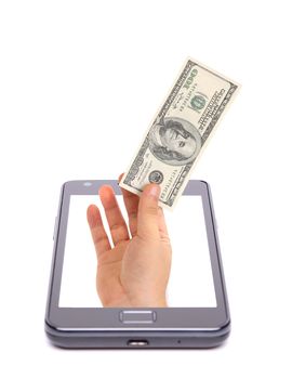 Hand and dollars bill out of phone. White background.